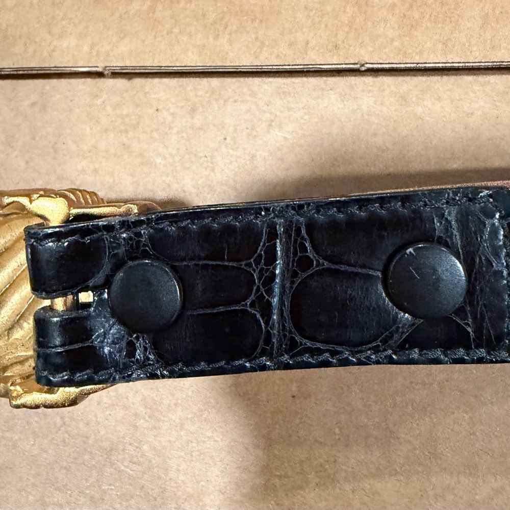 Vicenza Genuine Alligator Belt Women Black Gold Tone Vintage Ribbed Buckle 37.5" - Picture 11 of 11